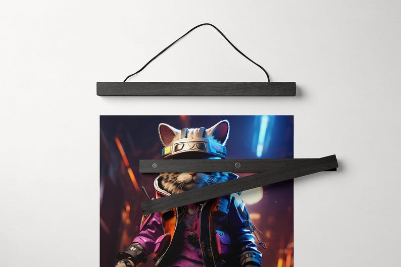 May include: A black cat wearing a futuristic helmet and a purple and black jacket. The cat is standing in a neon-lit room. The image is framed with a black wooden frame.