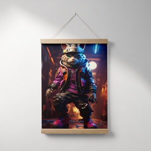 May include: A digital illustration of a cat wearing a crown, a purple shirt, a black leather jacket, and black pants. The cat is standing in a dark, neon-lit alleyway.