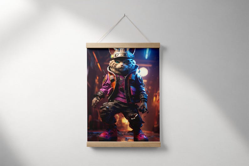 May include: A digital illustration of a cat wearing a crown, a purple shirt, a black leather jacket, and black pants. The cat is standing in a dark, neon-lit alleyway.