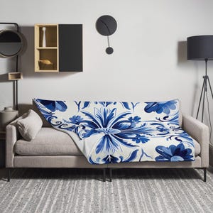Silky Soft Throw Blanket with Portuguese Azulejo Pattern, Bed & Sofa Cover, Decorative Accent, Boho Home Décor, cozy, Mediterranean charm