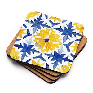 Cork Coaster – Portuguese Tile Pattern in Blue and White – Azulejo Boho Table Decor – Drink Coasters – Kitchen Gift Idea