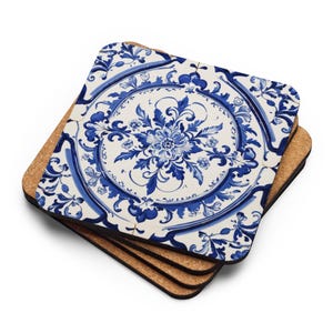 Cork Coaster Set – Portuguese Tile Pattern in Blue and White – Azulejo Boho Table Decor – Drink Coasters – Kitchen Gift Idea