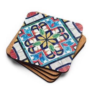 Cork Coaster – Portuguese Tile Pattern in Blue and White – Azulejo Boho Table Decor – Drink Coasters – Kitchen Gift Idea