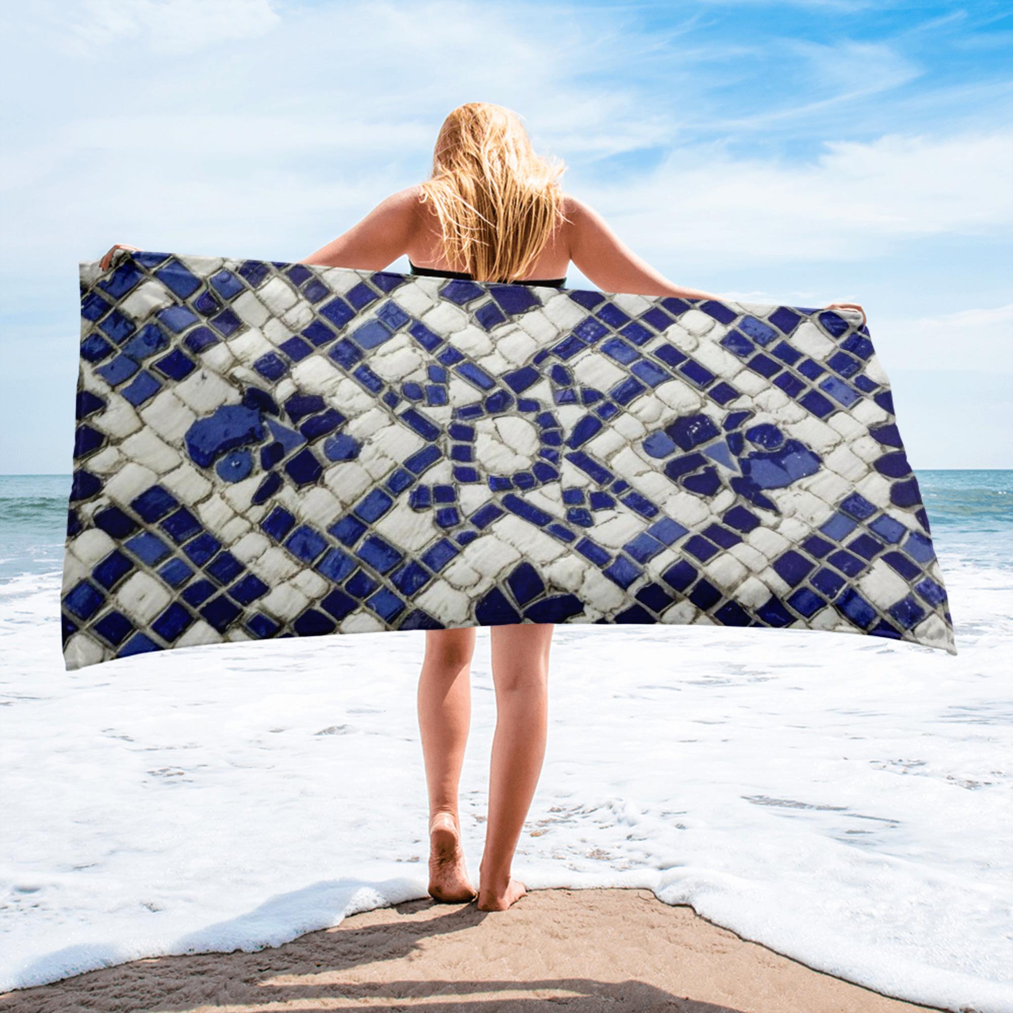 Boho Tile Beach Towel - Moroccan Patterned Fringe Tassels - DipaliZ main image 0
