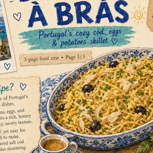 Könnte beinhalten: Seite 1/3 eines Food-Magazins mit Bacalhau à Brás, einem portugiesischen Gericht aus Kabeljau, Eiern und Kartoffeln. Das Gericht befindet sich in einer blau-weiß gemusterten Schüssel, garniert mit schwarzen Oliven und Petersilie. Eine Tasse Kaffee steht daneben.