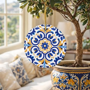 Adorno de cerámica de azulejo portugués: decoración mediterránea con motivo de Portugal | Elegante adorno decorativo, impreso por ambas caras, brillante