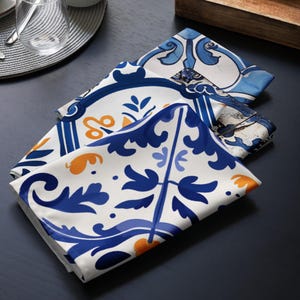 Azulejo Cloth Napkins – Portuguese Tile Pattern – Blue White Table Decor – Boho Napkins – Gift Idea – Mediterranean Table Style, 4 pattern