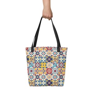 Azulejos Tote Bag – Reusable Bag with Portuguese Tile Pattern – Sustainable Shopping Tote with Mediterranean Design, Lisbon, Porto, Portugal