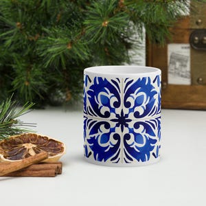 Glossy Ceramic Coffee Mug with Portuguese Azulejo Design, Coffee Cup, Kitchenware, Gift for Home & Office, mom and dad