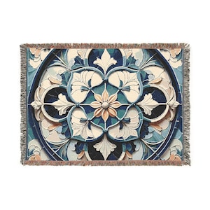 Beautiful cuddly blanket, 100% cotton woven, fresh Mediterranean pattern, Portugal, Italy Azulejo, Portuguese azulejos motif,