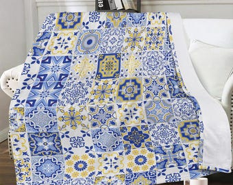Manta reversible con aspecto de azulejo portugués, cosida a doble cara, suave y cálida: manta para sofá y cama, acogedora decoración para el hogar en invierno.