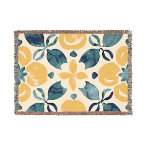 Beautiful cuddly blanket, 100% cotton woven, fresh Mediterranean pattern, Portugal, ItalyAzulejo, Portuguese azulejos motif,