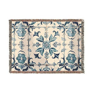 Beautiful cuddly blanket, 100% cotton woven, fresh Mediterranean pattern, Portugal, ItalyAzulejo, Portuguese azulejos motif,