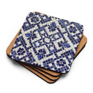 Cork Coaster – Portuguese Tile Pattern in Blue and White – Azulejo Boho Table Decor – Drink Coasters – Kitchen Gift Idea