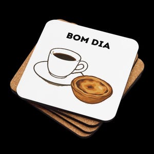 Kurken onderzetters Bom Dia – Ontbijtdesign met espresso & Pastel de Nata – Portugese decoratie – Onderzetters met tegelmotief – Mediterrane tafeldecoratie