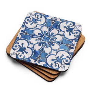 Cork Coaster – Portuguese Tile Pattern in Blue and White – Azulejo Boho Table Decor – Drink Coasters – Kitchen Gift Idea