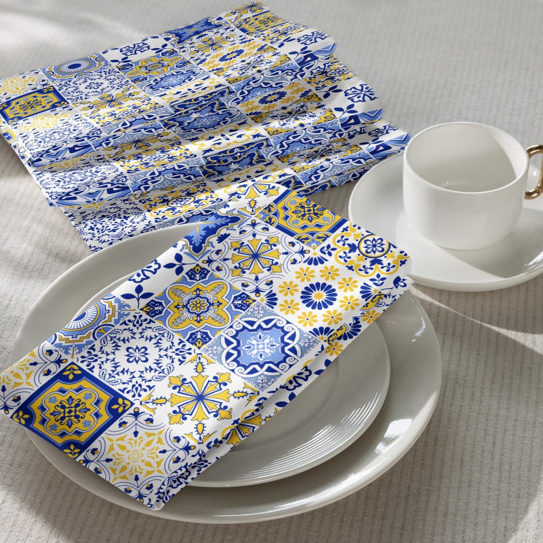 Cloth Innerware Azulejo Cloth Napkins Set of 4, Portuguese Tile Pattern Dinnerware ...