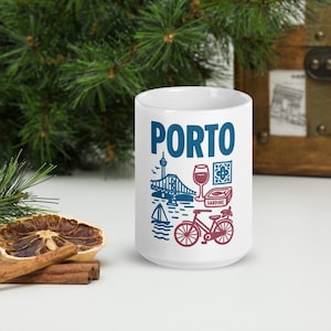 Glossy Ceramic Coffee Mug with Portuguese Porto Design, Coffee Cup, Kitchenware, Gift for Home & Office, mom and dad