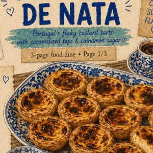 May include: An illustration of Portuguese Pastéis de Nata, flaky custard tarts with caramelized tops, on a blue and white patterned plate. The image includes text that reads "Pastéis de Nata" and "3-page food zine - Page 1/3". A cup of coffee and a small bowl of cinnamon sugar are also visible.