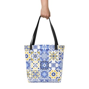 Azulejos Tote Bag – Reusable Bag with Portuguese Tile Pattern – Sustainable Shopping Tote with Mediterranean Design, Lisbon, Porto, Portugal