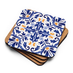 Cork Coaster – Portuguese Tile Pattern in Blue and White – Azulejo Boho Table Decor – Drink Coasters – Kitchen Gift Idea