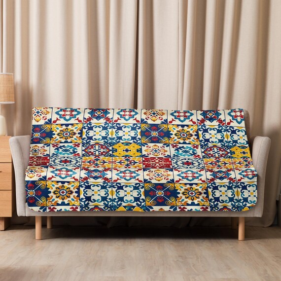 Sherpa Decke Azulejo – Kuscheldecke mit portugiesischem Fliesenmuster – Weiche Wohndecke – Sofa Überwurf Boho Stil