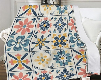 Dual-Sided Stitched Blanket – Portuguese Azulejo Inspired – Soft Warm Throw for Sofa, Bed, Cozy Winter Home Decor