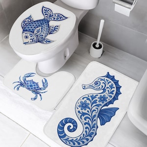 Juego de 3 alfombras de baño – Diseño de azulejos con peces, cangrejos y caballitos de mar – Alfombrilla de inodoro en forma de U, antideslizante, absorbente, estilo portugués