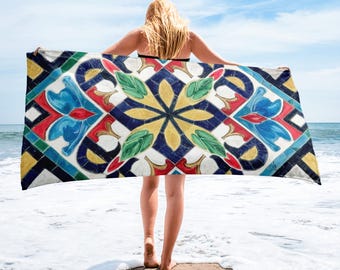 Boho Tile Beach Towel - Moroccan Patterned Fringe Tassels - DipaliZ main image 1