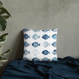 Fish School Throw Pillow with Insert – Coastal Nautical Cushion – Ocean Beach House Decor – Sea Life Accent for Sofa or Bed - Complete