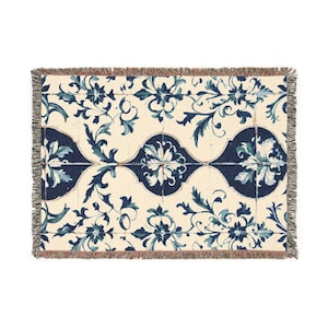 Beautiful cuddly blanket, 100% cotton woven, fresh Mediterranean pattern, Portugal, Italy, Azulejo, Portuguese azulejos motif,