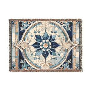 Beautiful cuddly blanket, 100% cotton woven, fresh Mediterranean pattern, Portugal, ItalyAzulejo, Portuguese azulejos motif,
