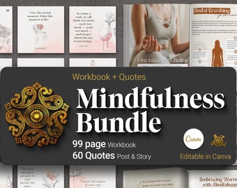 Mindfulness Template Bundle: Wellness Planner, 60 Quotes (Canva Editable)