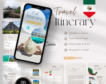 Plantilla de itinerario de viaje a Cancún: Planificador de vacaciones editable en Canva (digital)