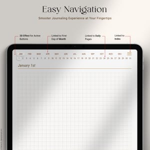 May include: A digital planner interface on a tablet screen. The calendar layout displays dates from January to December. The text "Easy Navigation" and "Smoother Journaling Experience at Your Fingertips" are at the top. Features include 3D effect buttons, links to the first day of the month, daily pages, and an index.