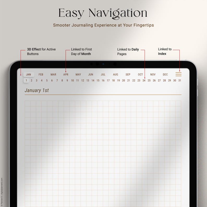 May include: A digital planner interface on a tablet screen. The calendar layout displays dates from January to December. The text "Easy Navigation" and "Smoother Journaling Experience at Your Fingertips" are at the top. Features include 3D effect buttons, links to the first day of the month, daily pages, and an index.