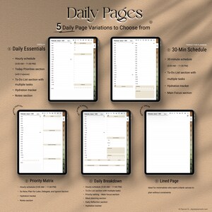 More daily page variations with 30-minute schedule, priority matrix, and customizable layout – ideal for focused planning