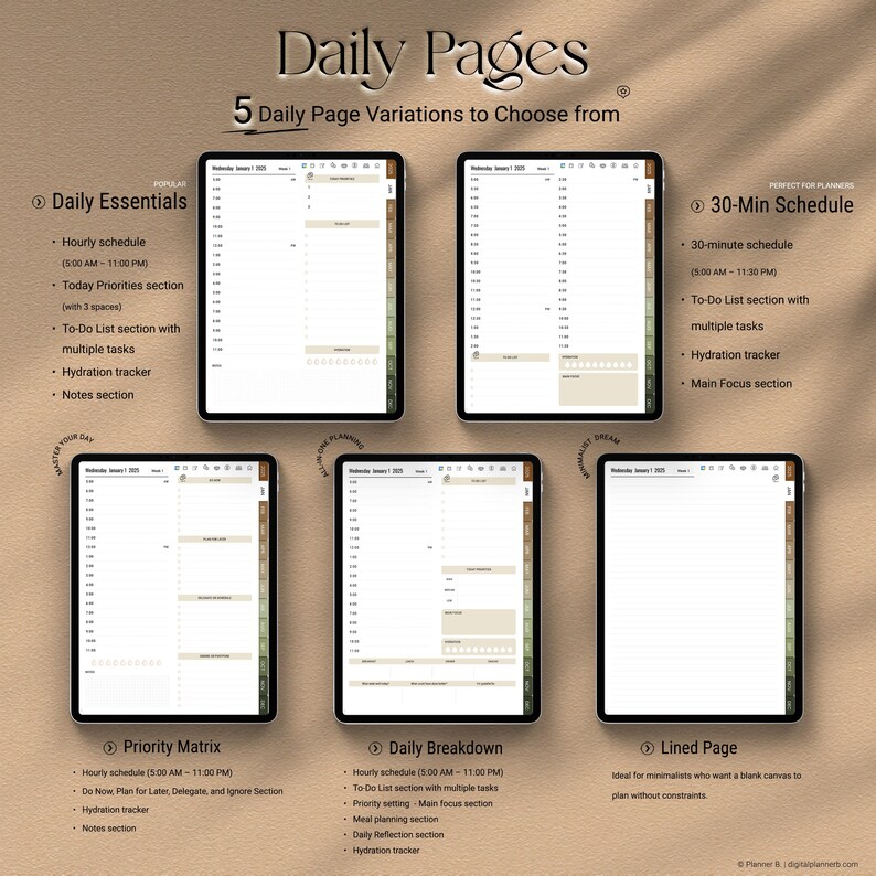 More daily page variations with 30-minute schedule, priority matrix, and customizable layout – ideal for focused planning