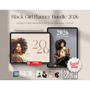 May include: A digital planner bundle for 2026, featuring two tablets displaying planner designs with illustrations of Black women. The title "Black Girl Planner Bundle 2026" is displayed at the top. Includes a "Special Offer" badge and a YouTube link.