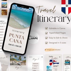 May include: A digital travel itinerary template for Punta Cana, Dominican Republic. The template is designed in Canva and includes hyperlinked pages, editable text, and images. The template is available in three sizes.
