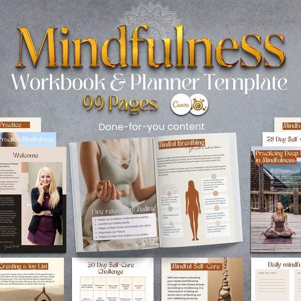 Editable Mindfulness Challenge Planner Journal Canva Template, WorkBook Lead Magnet for Coach, Coaching Tools and Exercises, Commercial Use