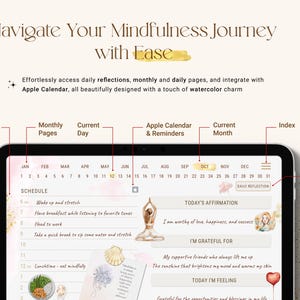Puede incluir: Una interfaz de aplicaci&oacute;n de calendario digital con un dise&ntilde;o de acuarela. La aplicaci&oacute;n presenta una vista de calendario mensual, p&aacute;ginas de reflexi&oacute;n diaria e integraci&oacute;n con el calendario de Apple. El texto "Navigate Your Mindfulness Journey with Ease" se muestra en la parte superior de la pantalla.