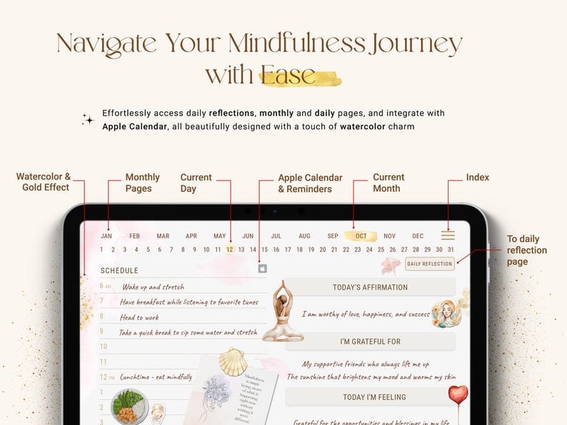 Puede incluir: Una interfaz de aplicaci&oacute;n de calendario digital con un dise&ntilde;o de acuarela. La aplicaci&oacute;n presenta una vista de calendario mensual, p&aacute;ginas de reflexi&oacute;n diaria e integraci&oacute;n con el calendario de Apple. El texto "Navigate Your Mindfulness Journey with Ease" se muestra en la parte superior de la pantalla.