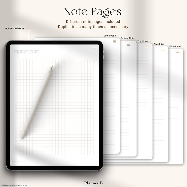 May include: A digital planner interface displaying "Note Pages" and "Different note pages included." The image features a tablet with a grid-lined page and a stylus, plus several note page templates: lined, bottom notes, top notes, checklist, and wide lines.