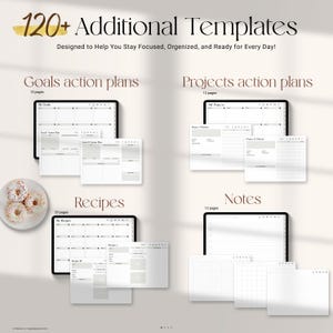May include: Digital planner templates with the text "120+ Additional Templates." The image shows templates for goals, projects, recipes, and notes. Each template is displayed on a tablet and includes a variety of layouts and pages.