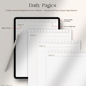 May include: A digital journal with the text "Daily Pages" and "A Daily Journal Designed for Your Lifestyle - Choose from Four Unique Page Options." The journal displays different page options, including lined, grid, and blank pages. A stylus is next to the tablet.