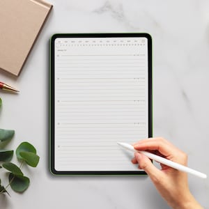 May include: A white digital tablet with a green border, displaying a monthly calendar and lined pages for note-taking. A hand is holding a white stylus over the screen.
