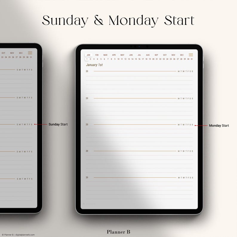 May include: Two digital planners, one with a Sunday start and the other with a Monday start. Both planners have a calendar view with the month of January at the top and a weekly view below. The weekly view has lines for each day of the week and space for writing.