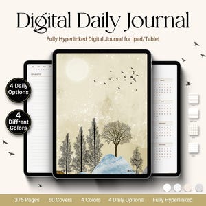 Puede incluir: Diario Digital Diario para iPad/Tableta. La imagen muestra tres tabletas que muestran un diario digital con una portada con temática de la naturaleza. La portada presenta árboles, una luna y pájaros. El texto de la imagen incluye "4 Daily Options" y "4 Different Colors".