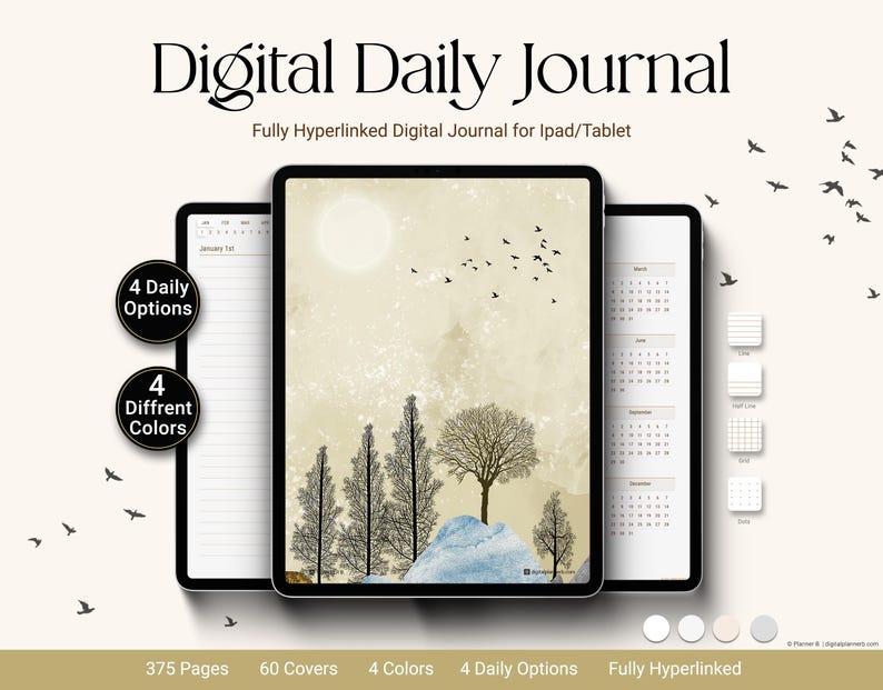 May include: Digital Daily Journal for iPad/Tablet. Three tablets display a digital journal with a nature-themed cover. The cover art features trees, a moon, and birds. The image text includes "4 Daily Options" and "4 Different Colors".